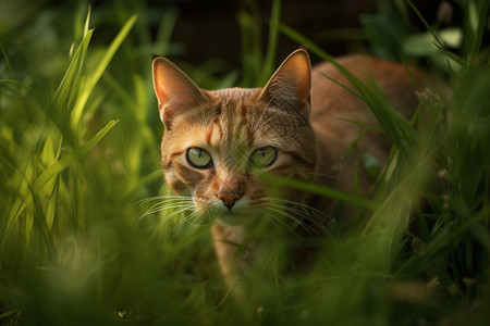 草丛中警惕的猫咪背景图片