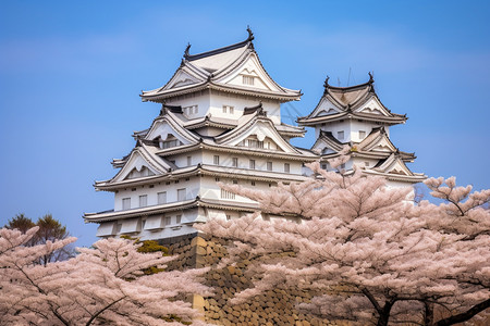 日本樱桃美丽的樱花和建筑背景