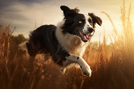 草地上跳跃的牧羊犬图片