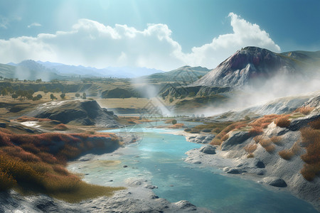 山间自然的火山温泉图片