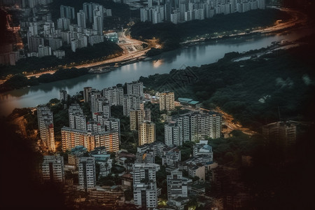 夜晚城市建筑的全景背景图片