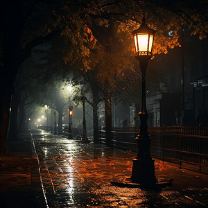 雨天路灯夜晚雨天城市街头照明的路灯背景