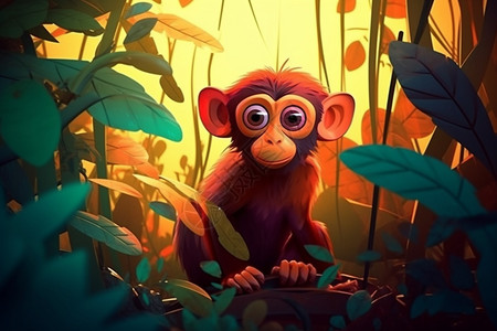 丛林中的猴子卡通插画图片