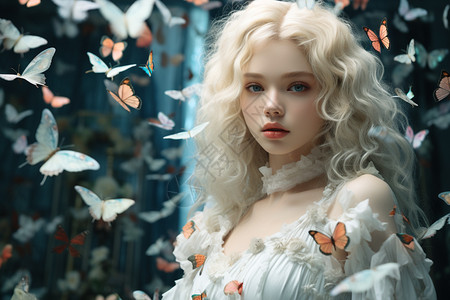 白发女孩和白色的蝴蝶图片