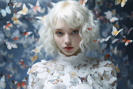 白发少女和蝴蝶图片