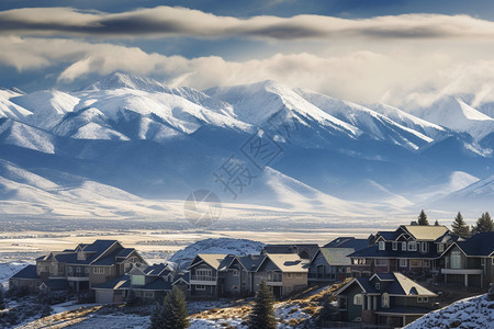 雪山山脉下的城镇建筑图片