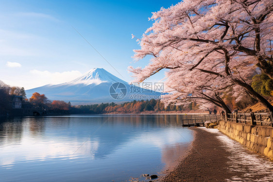 富士山下美丽的樱花公园图片