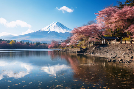 富士山景观下盛开的樱花图片