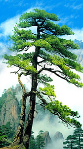 夏季山间的迎宾树水墨画图片