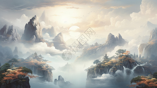 中式山间风景水墨画图片