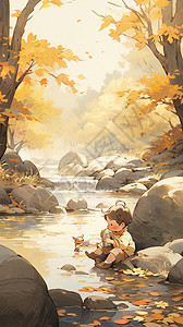 秋天的风景和男孩背景图片
