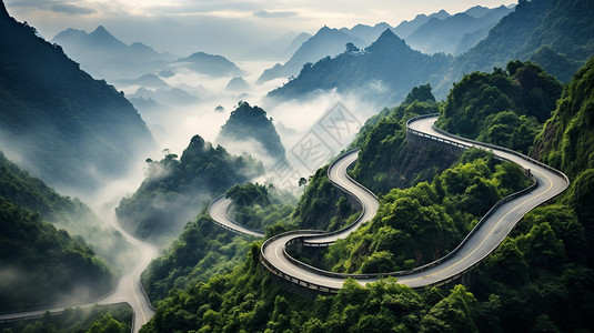 夏季郁郁葱葱的高原山区山路图片