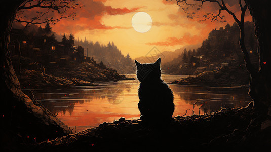 观看日落景观的猫咪背景图片