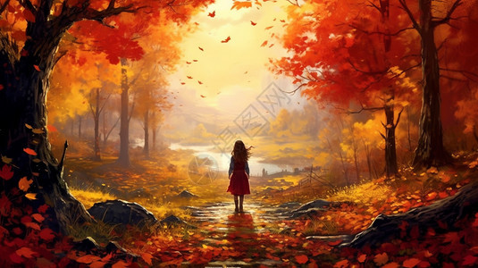 秋天森林的孤独的女子油画插图图片