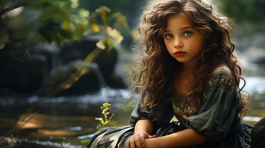 夏季森林河边玩耍的小女孩图片
