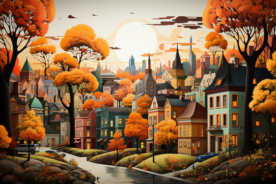 充满活力的秋天色彩的城市景观图片