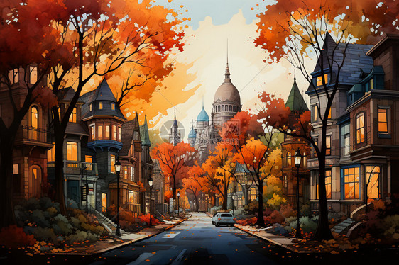 充满活力的秋天色彩的城市景观图片