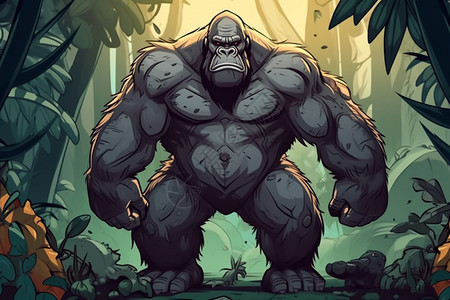 丛林强壮的黑猩猩卡通插画图片