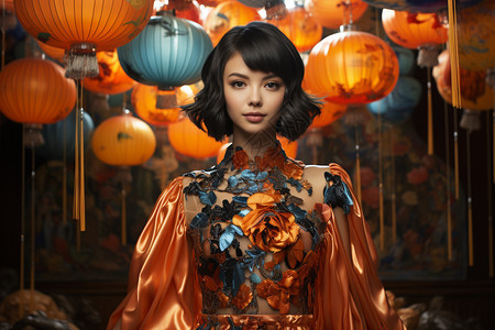 中式灯笼背景的少女图片