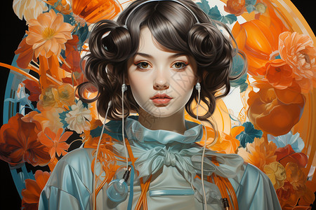 彩色花卉背景的美少女背景图片