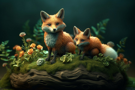 树干上可爱的狐狸立体插画图片