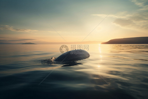 夕阳下浮出海面的白鲸图片