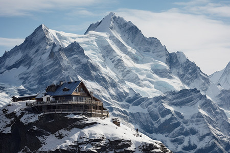 雪山山脉上的房屋背景图片