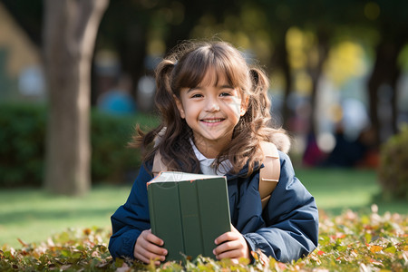 公园中读书的小女孩背景图片