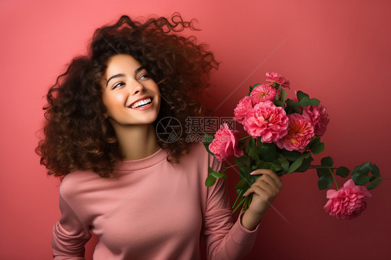 手拿鲜花的开朗女性图片