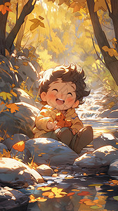 欣赏秋天风景的小男孩图片