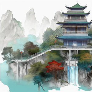 国风中式古建筑水墨画背景图片