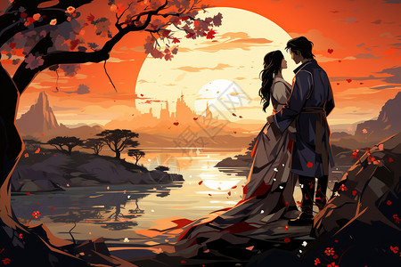 夕阳下在河边约会的情侣背景图片