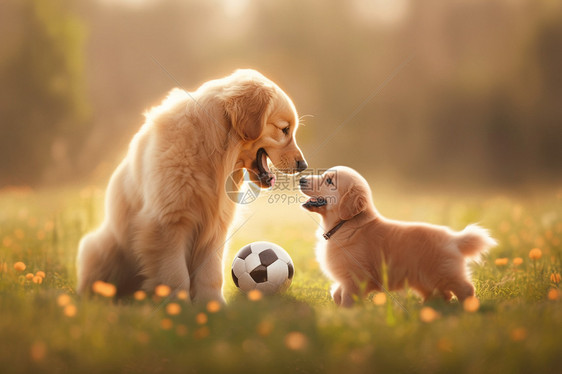 草地上玩耍的幼崽和成犬图片