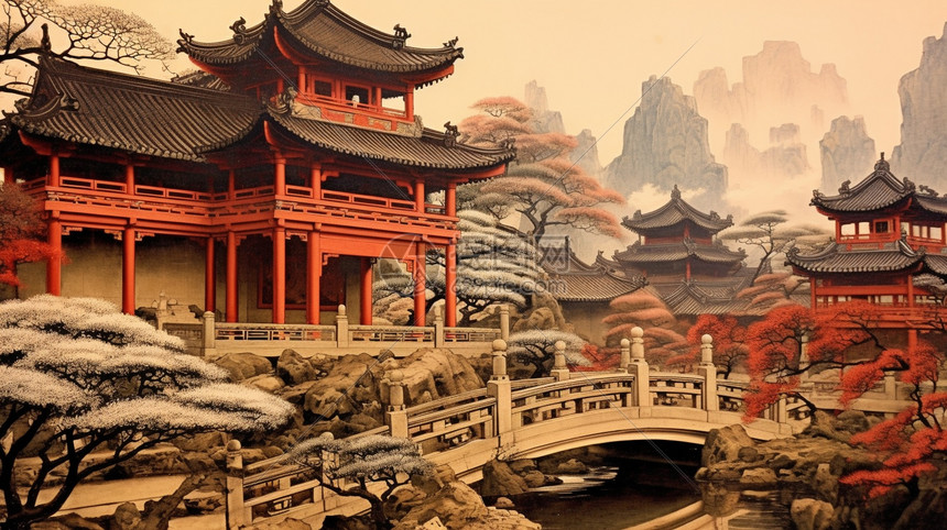 中国庭院插画图片