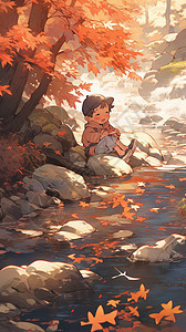 森林中游玩的小男孩动漫插图图片