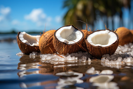 沙滩上的新鲜椰子背景图片
