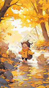 秋天森林河中游玩的小男孩图片
