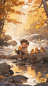 秋天森林中游玩的小男孩插图背景图片