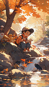 森林中游玩的小男孩插图图片