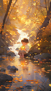 可爱的小男孩在河边游玩图片