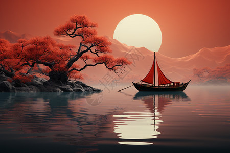 海上的帆船明月图片