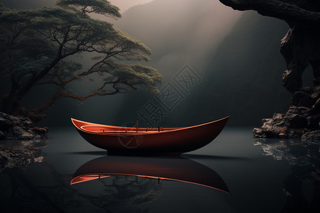 湖面上孤单的小船图片