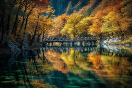 秋天河面反射的美景背景图片
