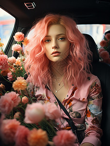 汽车内的粉发美女和花朵图片