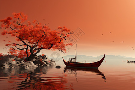 夕阳湖面上的小船图片