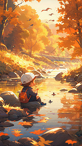 秋天森林中探险的小男孩图片