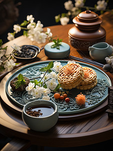 茶月饼中秋广式蛋黄月饼东方美学背景