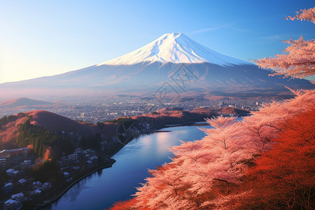 日本红枫叶山峰河流景色背景