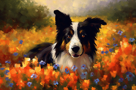 花丛中的边牧犬油画插画图片