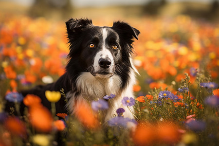 野花丛中的边牧犬图片